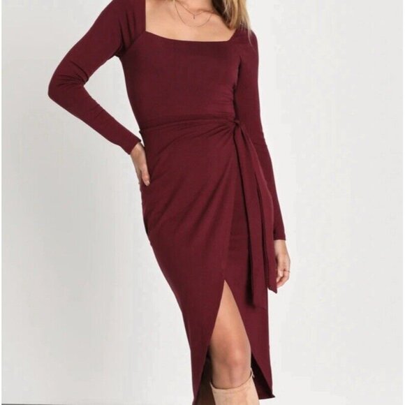 Lulus Dress Womens S Wrap Burgundy Midi Long Sleeve Truly Timeless Square NEW - Picture 2 of 6